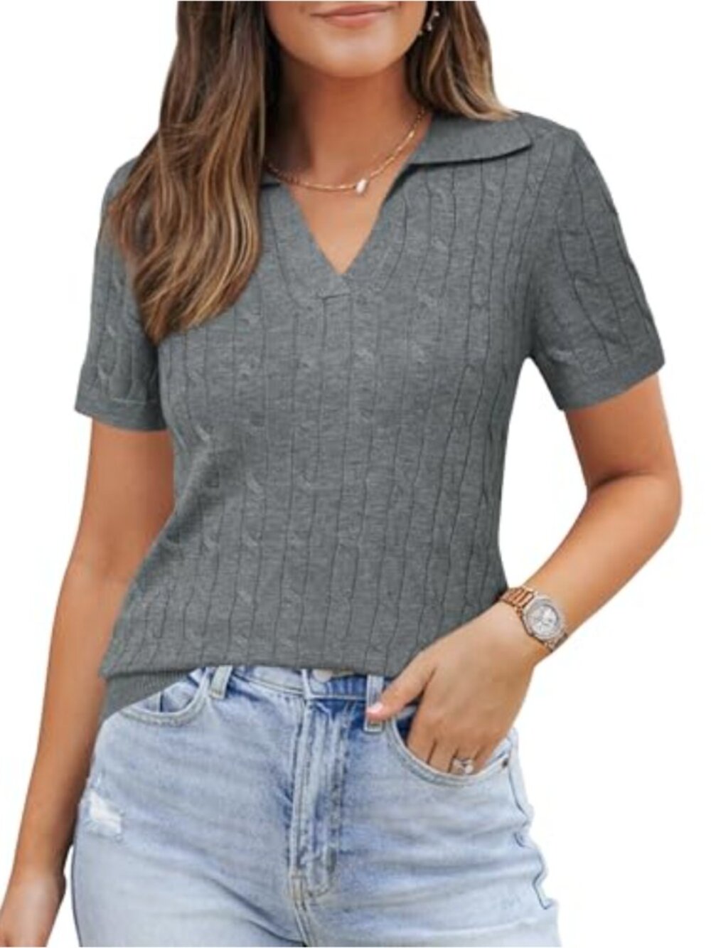 Women's Wool Blend Short Sleeve Polo Pullover Sweater Business Casual